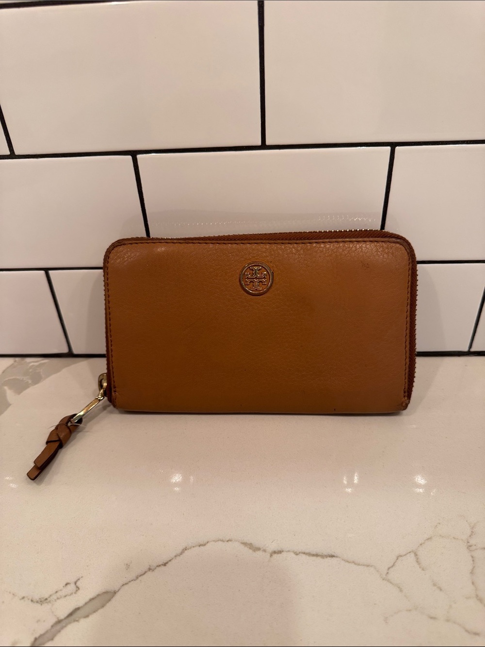 Tory Burch Zip Around Leather Wallet in Cognac